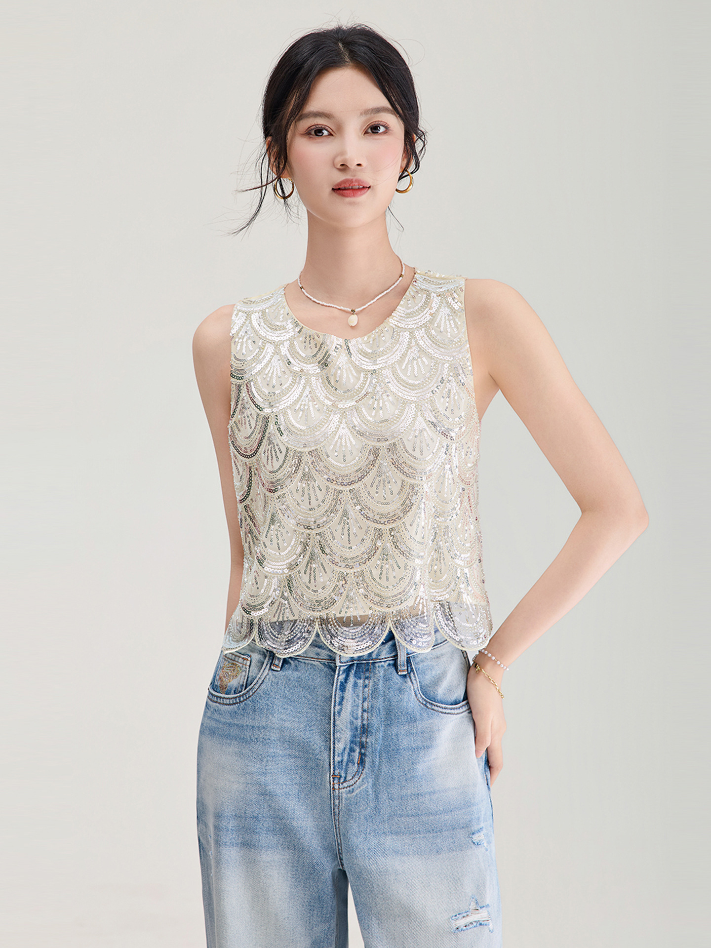 Áo hai dây nữ đính cườm sequin cao cấp phong cách Pháp — màu đen