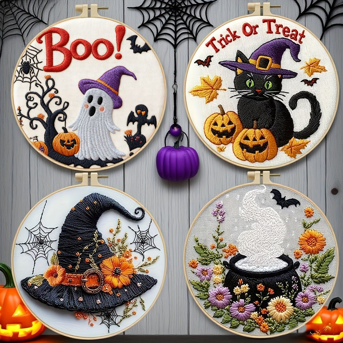 Nuevos productos transfronterizos bordados Halloween fantasma sombrero gato negro conjunto bordado hecho a mano material DIY bordado al por mayor