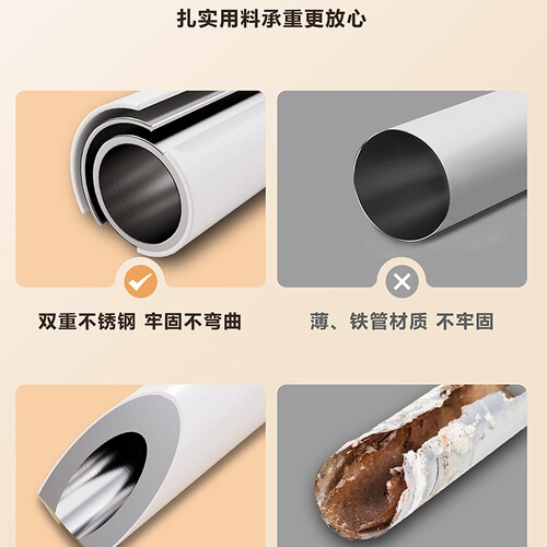 Telescoping clothesline pole, support rod, wardrobe hanger, stainless steel clothes rack, shower curtain rod, door curtain and window curtain—no drilling required.