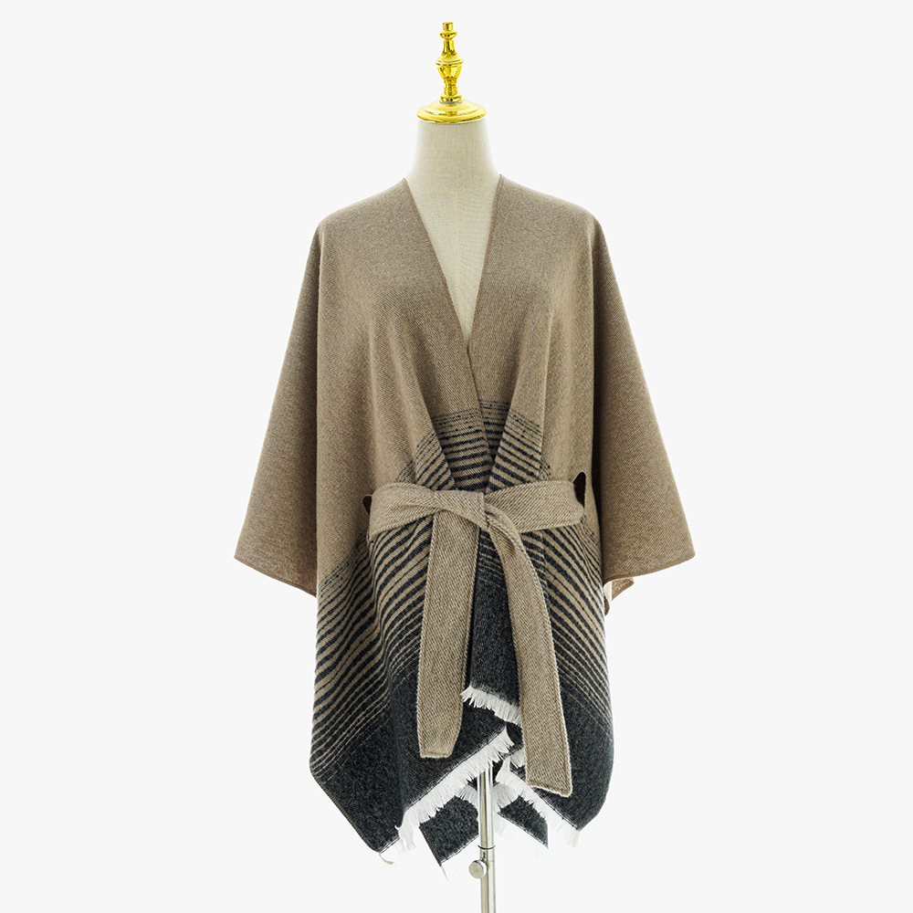 Chal nuevo estilo de nicho simple con chal grueso para mujer, capa de verano de alta calidad, cinturón, chal a rayas de doble cara
