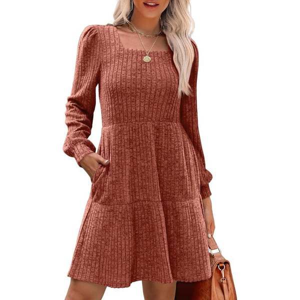 2025 European and American Foreign Trade Cross-Border Women's Clothing Amazon Popular Square Neck Lantern Sleeve Babydoll Pocket Long-Sleeved Dress