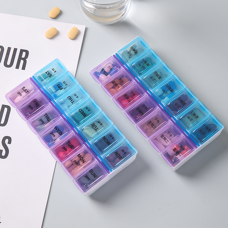 Caja portátil de doble capa de 14 celdas, paquete de paquete a prueba de polvo una semana, paquete de paquete de 14 celdas, caja de almacenamiento de tabletas de medicamentos