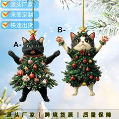 跨境厂家黑白猫咪亚克力平面钥匙扣带绳单独包装外贸圣诞小挂件