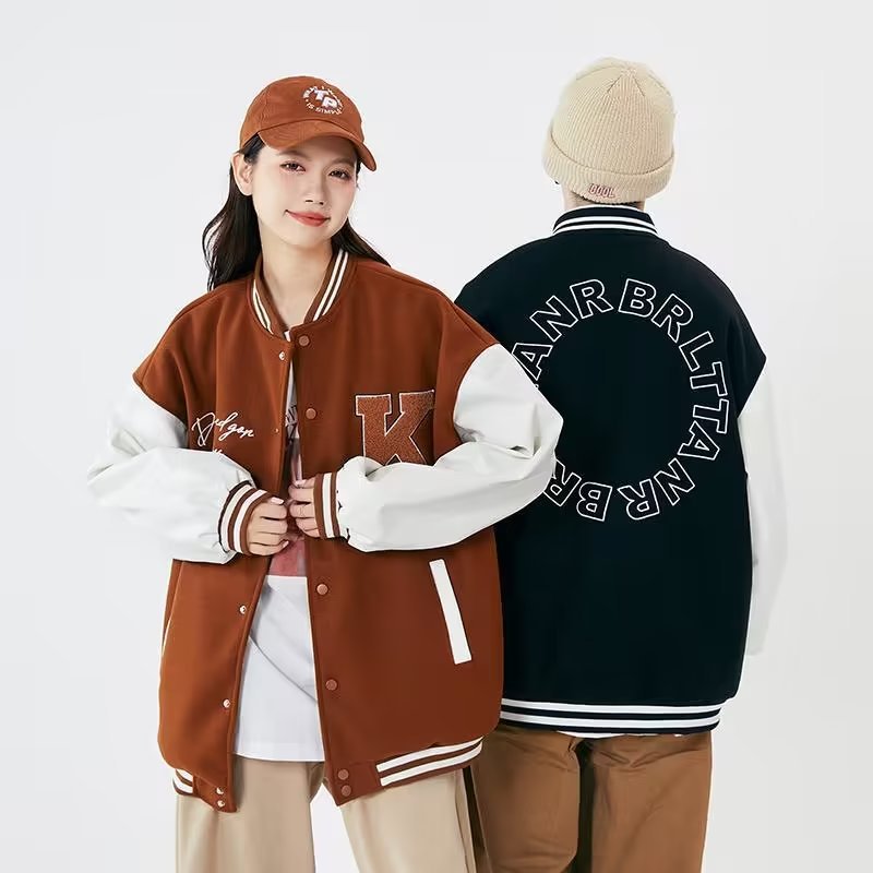 秋季情侣棕色美式复古皮袖棒球服外套男春秋新款vintage休闲夹克|ru