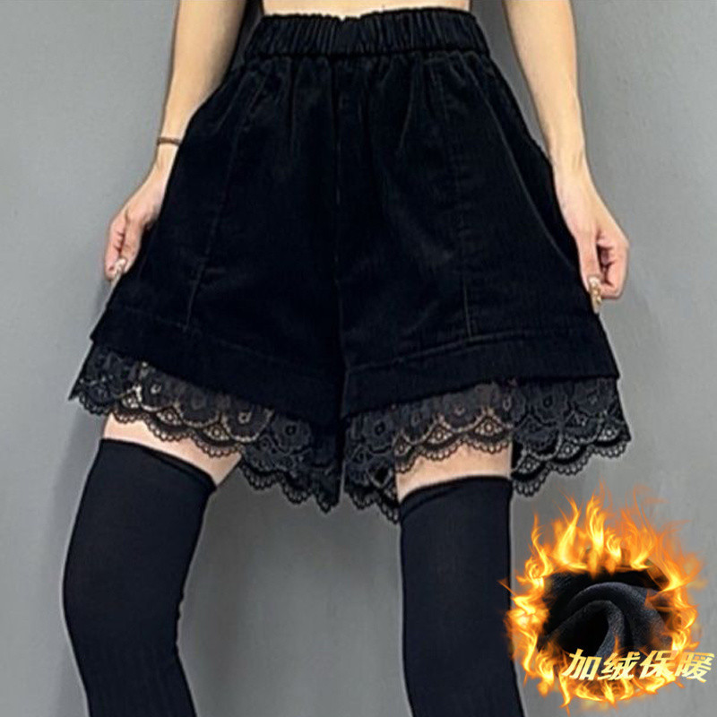 (2개) 블랙 코듀로이 레이스 스티칭 디자인 틈새 캐주얼 반바지 2025 기모 가을과 겨울 넓은 다리 부츠 바지 여성