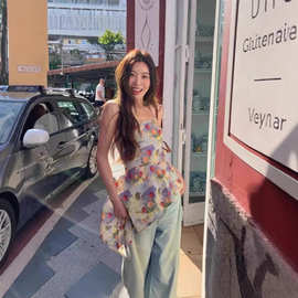 不规则收腰花色抹胸吊带背心女2025年新款夏季小众设计感无袖上衣
