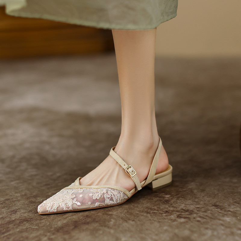 French breathable mesh hollow one-word pointed toe shoes 2024 summer versatile low-heeled toe Roman sandals for women_vogarts.com