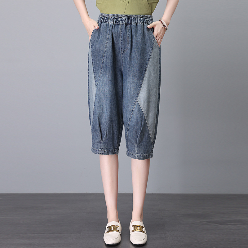 Women's Cropped Jeans 2025 Summer New Fashion Casual Loose Color-Blocking Stylish Age-Reducing Shorts for Moms