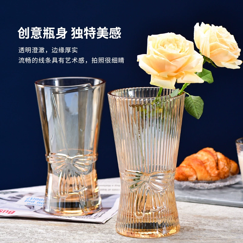 Стеклянная ваза с бантом прозрачная гидропонная зеленая редька богатая бамбуковая ваза с лилией роза украшение для гостиной цветочной композиции