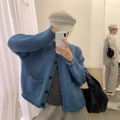 韩系高级感蓝色圆领针织开衫女秋冬软糯加厚单排扣口袋毛衣外套潮