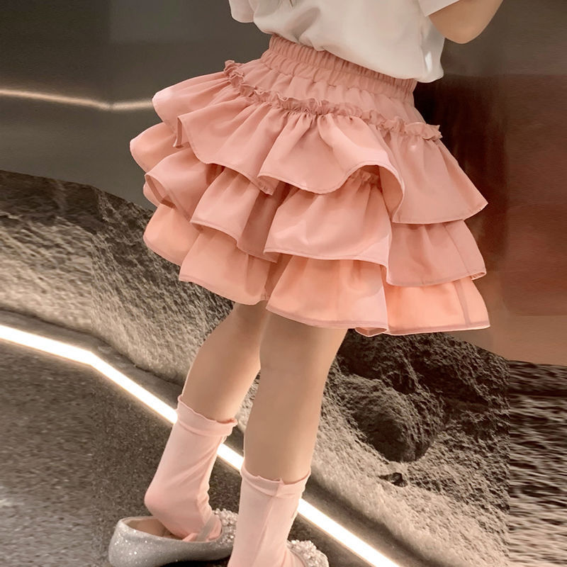 밑단이 넓은 핑크색 짧은 스커트 파일 스커트 / 90cm