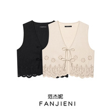 ZR外贸批发 欧美风女装   时尚百搭镂空刺绣亚麻背心马甲 6318044
