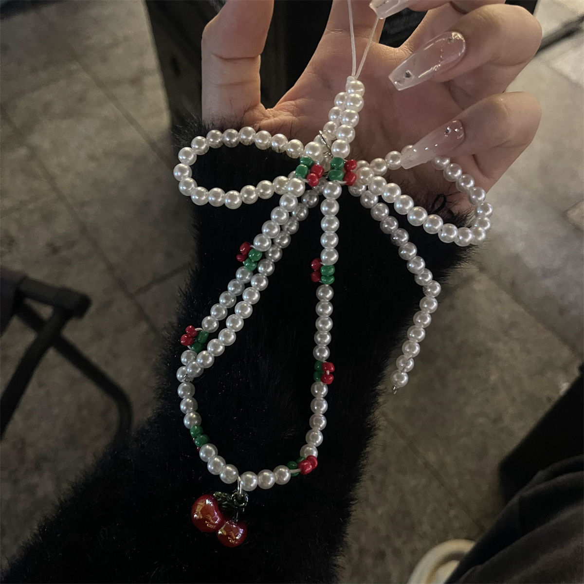 韓國小眾櫻桃ins風時尚可愛蝴蝶結串珠手機掛繩包包掛件透明珍珠