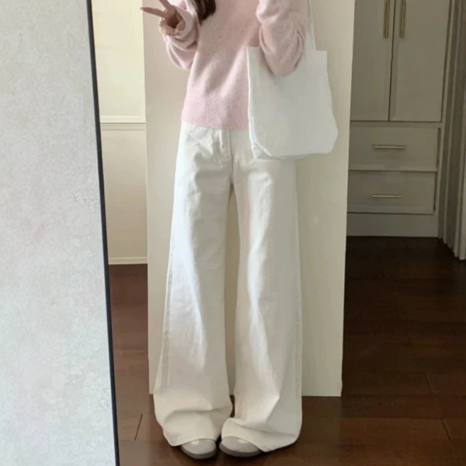White wide-leg jeans for women, suitable for spring and autumn, versatile, slimming, loose, simple, stylish, high-end, with a nice drape, straight-leg pants White wide-leg jeans for women, suitable for spring and autumn, versatile, slimming, loose, simple, stylish, high-end, with a nice drape, straight-leg pants