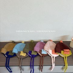 儿童帽子针织护耳帽冬季拼色小兜系带保暖帽宝宝冬天穿搭毛线帽潮