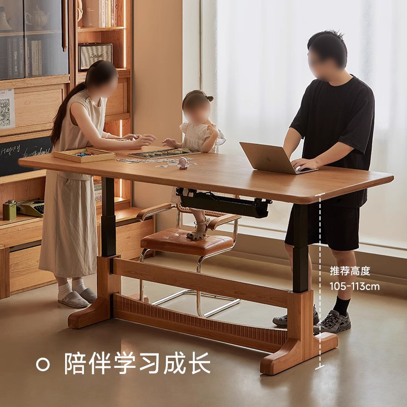 Mesa elevadora eléctrica, mesa de comedor de tablero grande, color de madera de cerezo, fuera de la sala de estar, escritorio largo, banco de trabajo de madera maciza, oficina doble