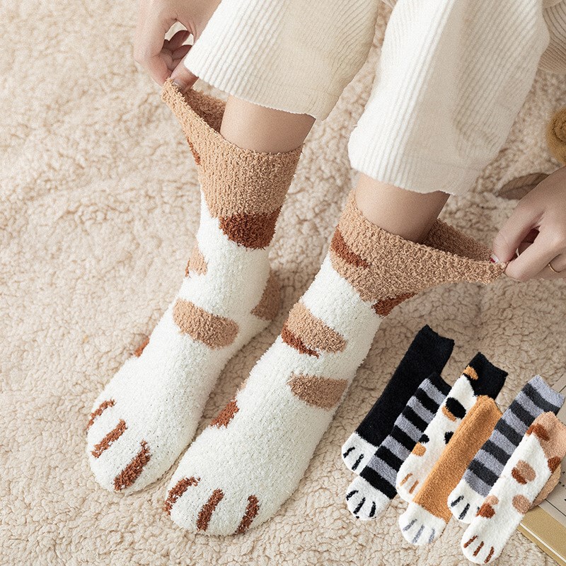 Women's autumn and winter coral fleece mid-calf length socks cute cat claw socks fleece-lined thickened women's socks sleep socks confinement socks