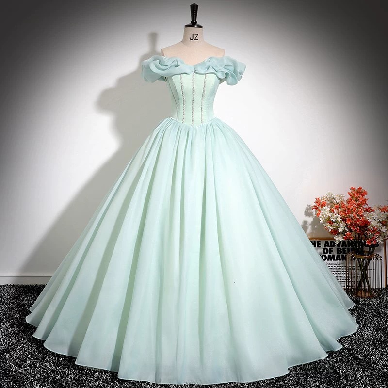 Mint Green Student Evening Dress for Vocal Performance Exam, Host Dress with a Light Luxury, Niche, and High-End Feel, Off-Shoulder Gown