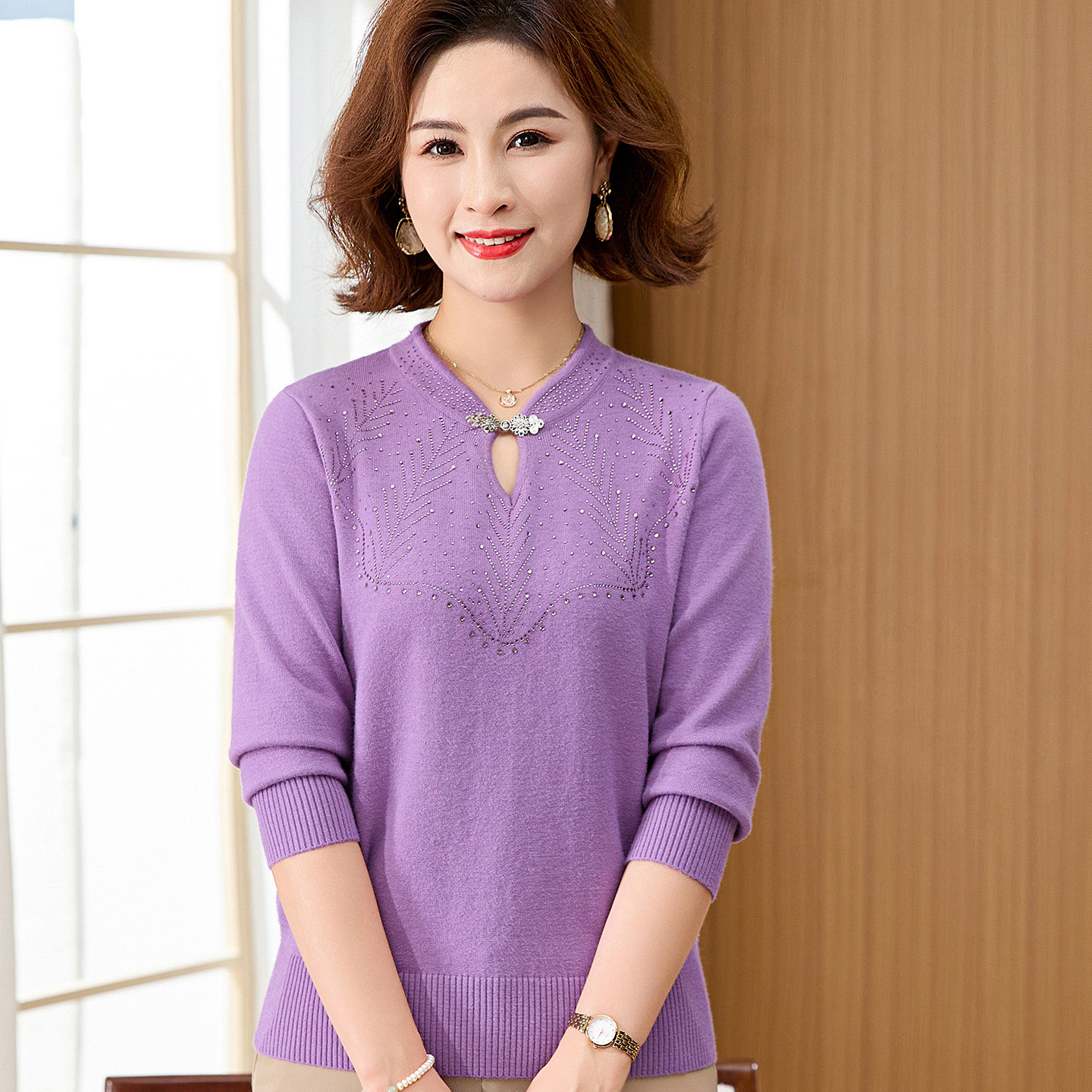中老年女裝秋冬新款針織衫復(fù)古風(fēng)媽媽裝旗袍領(lǐng)套頭毛衣女廠家，女裝針織衫/毛衣，妃慕昵服飾