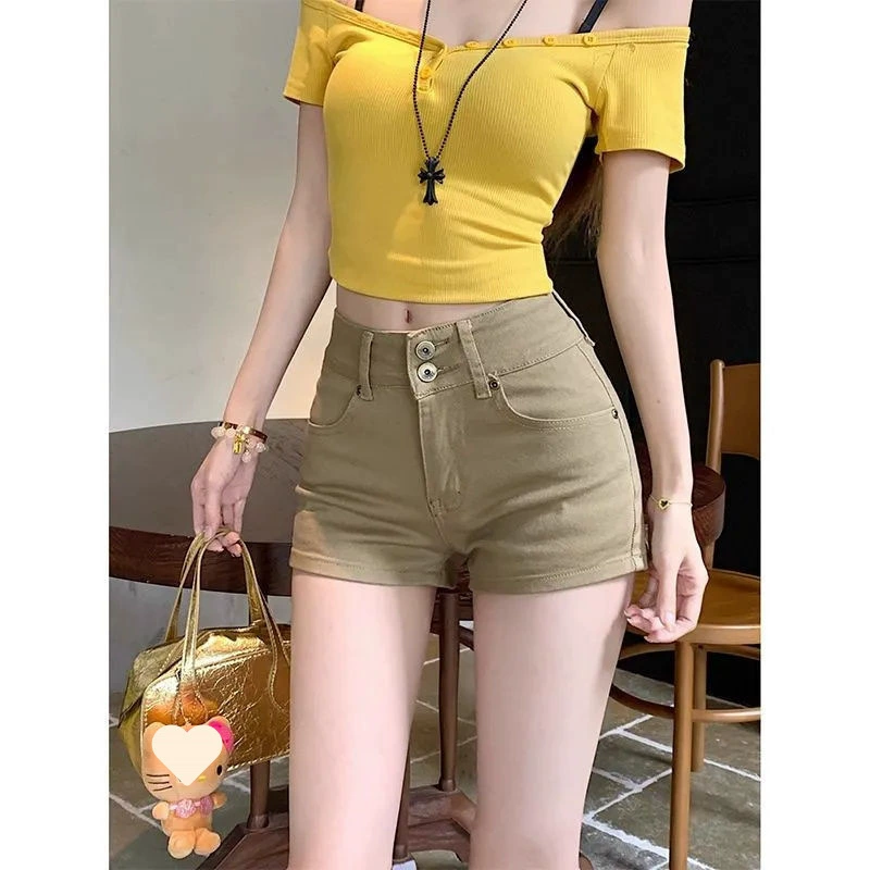 Коричневые ленивые американские тонкие летние джинсовые шорты с низкой талией, повседневные новые модные прямые эластичные шорты для девочек, модные