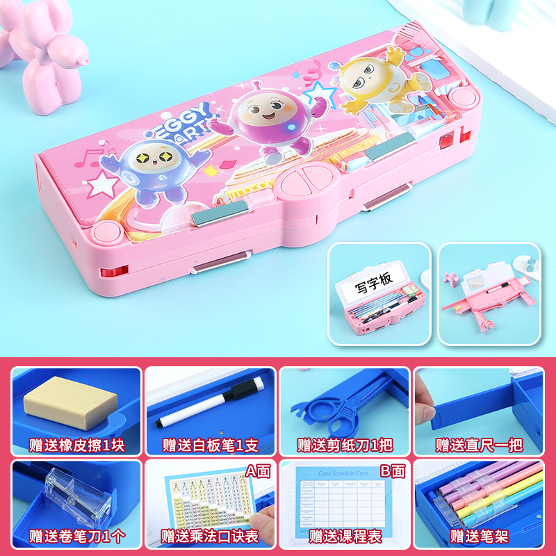 Caja de papelería multifuncional de doble cara de tres capas recientemente mejorada, caja de lápices para estudiantes de escuela primaria de gran capacidad para niños y niñas, juego de 8 piezas gratis