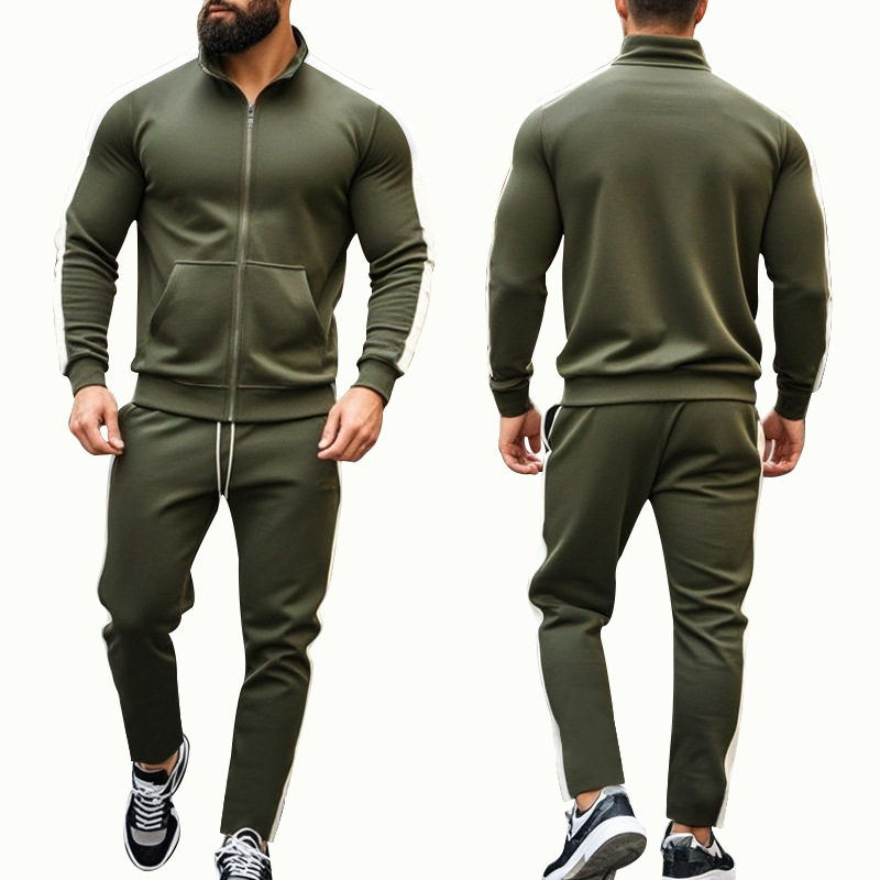 Traje de dos piezas de otoño e invierno de manga larga para hombre transfronterizo de Amazon, chaqueta deportiva casual con cuello alto en contraste, suéter, traje de hombre