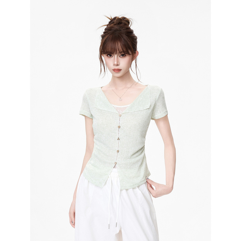 Jiyou Fake Two-Piece Lapel Short-Sleeve T-Shirt for Women 2026 New Summer Mint Green Fake Button Design Waist-Cinching Top