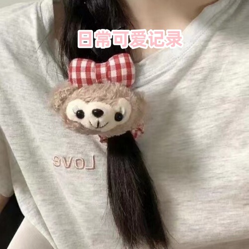 Adorable and Sweet Sherly Daffy Sharing Circle Girl Teddy Bear Grid Fleece Headband Autumn and Winter Cartoon Japanese Style Headband Accessory