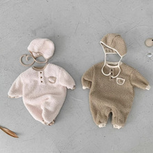 韩版ins婴童连身衣冬季羊羔绒宝宝加绒童装男女婴外出连帽爬服