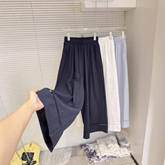 特大码240斤夏时尚松紧腰显瘦镂空拼接直筒裤女阔腿休闲长裤子潮
