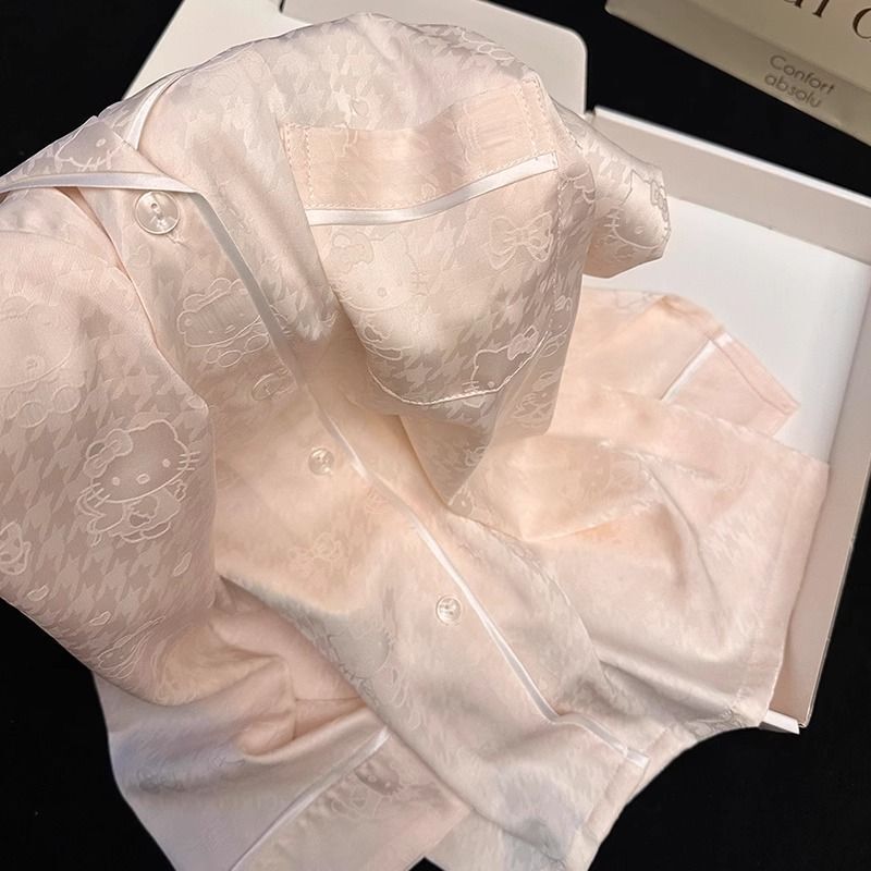 Hellokitty Three-Piece Pajamas for Women Summer Ice Silk Houndstooth Short-Sleeved Thin Style Can Be Worn Outside in Summer