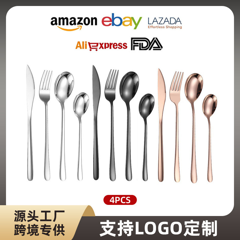 Korean-style stainless steel cutlery set, including steak knife, spoon, and fork, with laser-engraved logo, a four-piece gift set Korean-style stainless steel cutlery set, including steak knife, spoon, and fork, with laser-engraved logo, a four-piece gift set
