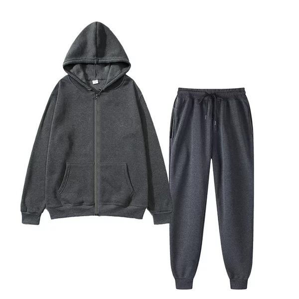 Cross-Border Fleece Men's Zipper Shirt Suit Loose Cardigan Hooded Sweatshirt Sweatpants Solid Color Sportswear Two-Piece Set