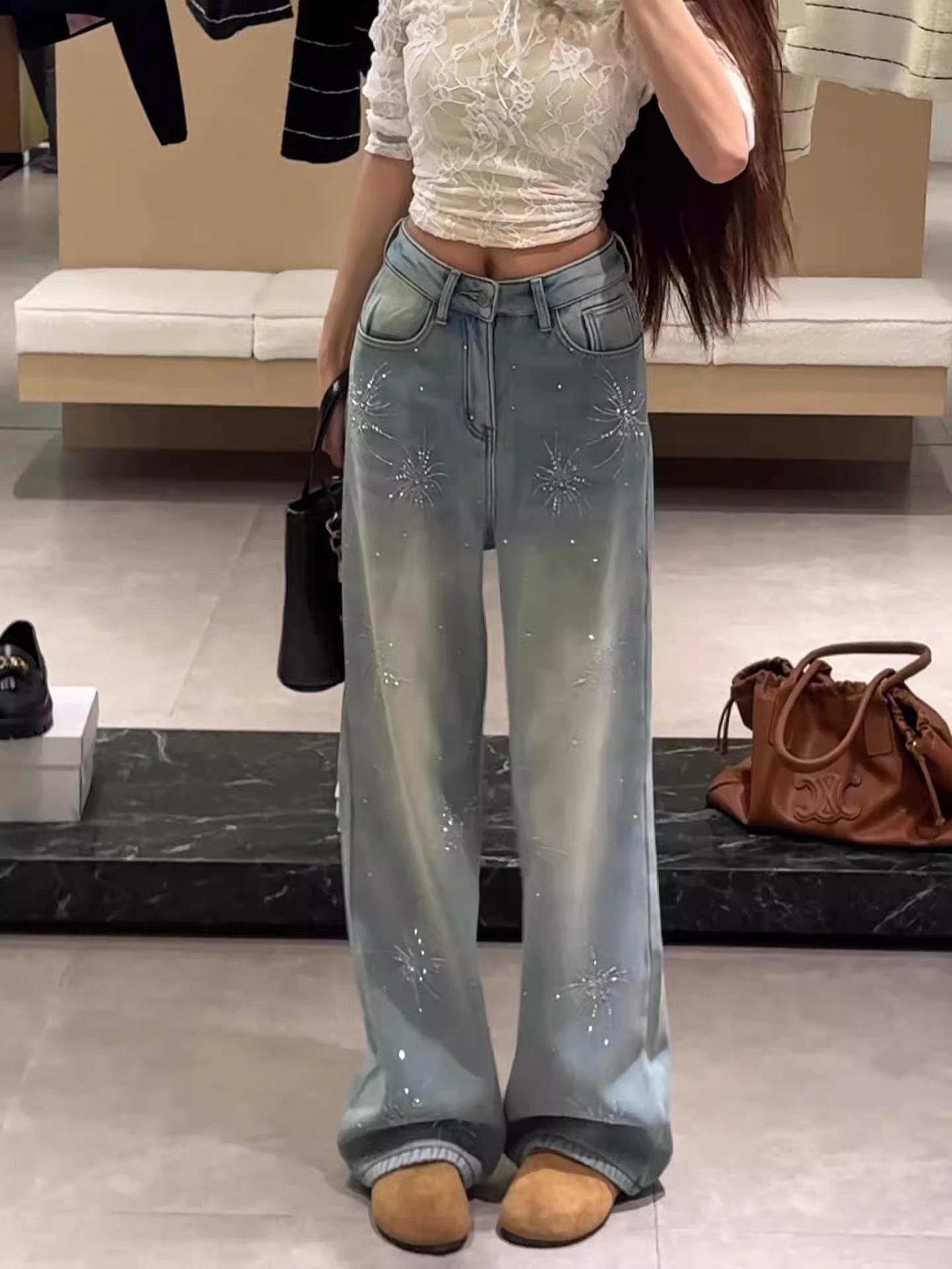 Women's Light Blue Flared Jeans With Firework Rhinestone Details_voghion.com