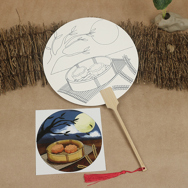 中秋団扇宣紙塗り扇手描き模写扇面diy線稿白描扇暖場活動落書き扇子|undefined