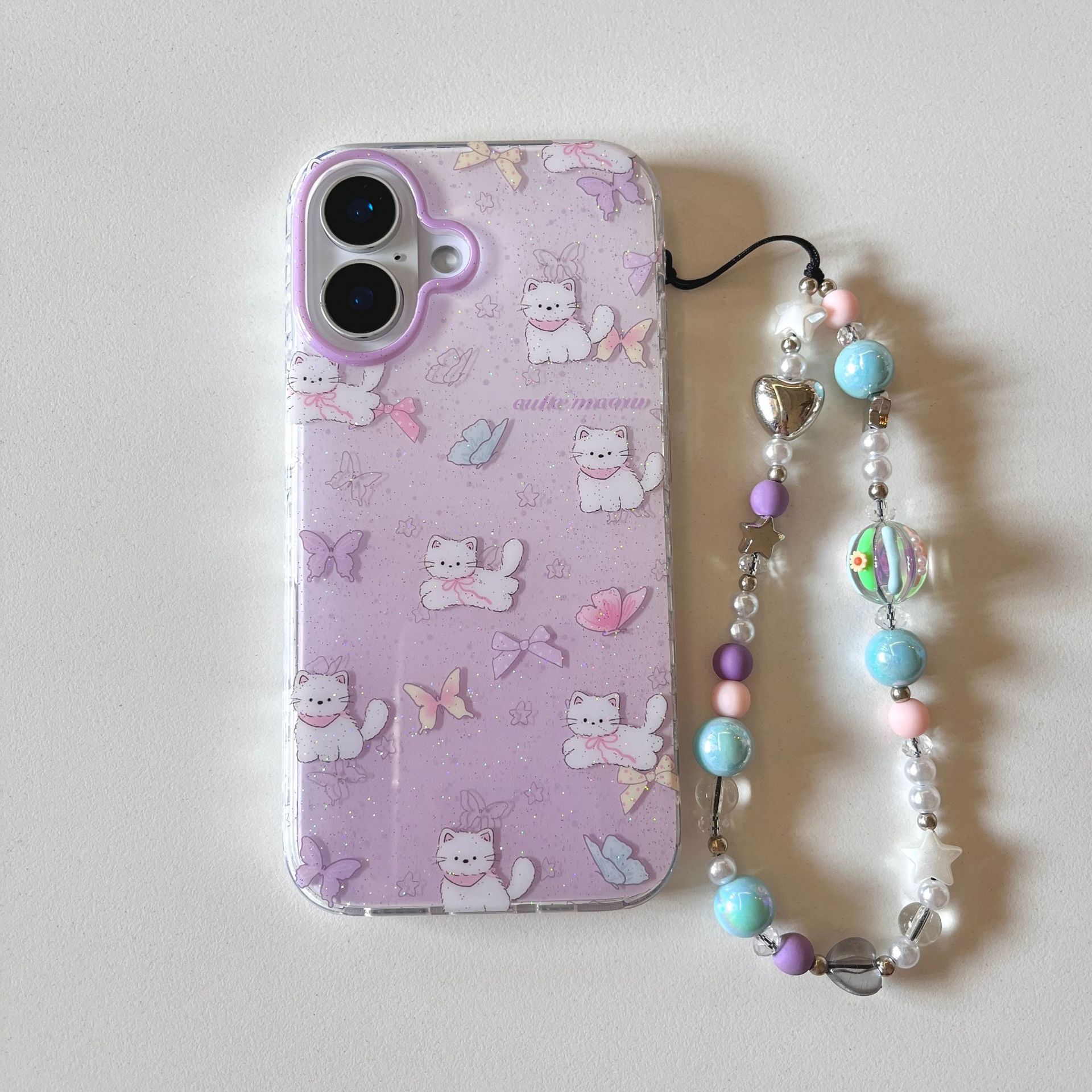 Gato con lazo morado lindo coreano para Apple 16ProMax funda para teléfono móvil 15/14 niña 13 mujer 15P