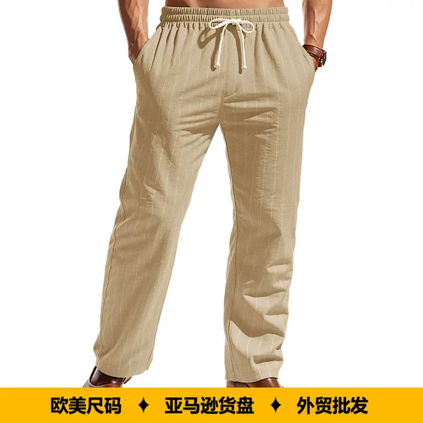 European and American Cross-Border Tk Linen Beach Shorts with Drawstring, Vertical Stripes, Straight-Leg, Breathable Amazon Casual Sports Long Pants for Men