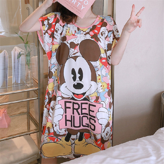 Camisón de las mujeres del verano Delgado manga corta nueva línea rojo estilo pijamas dibujos animados lindo señoras vestido flojo desgaste hogar