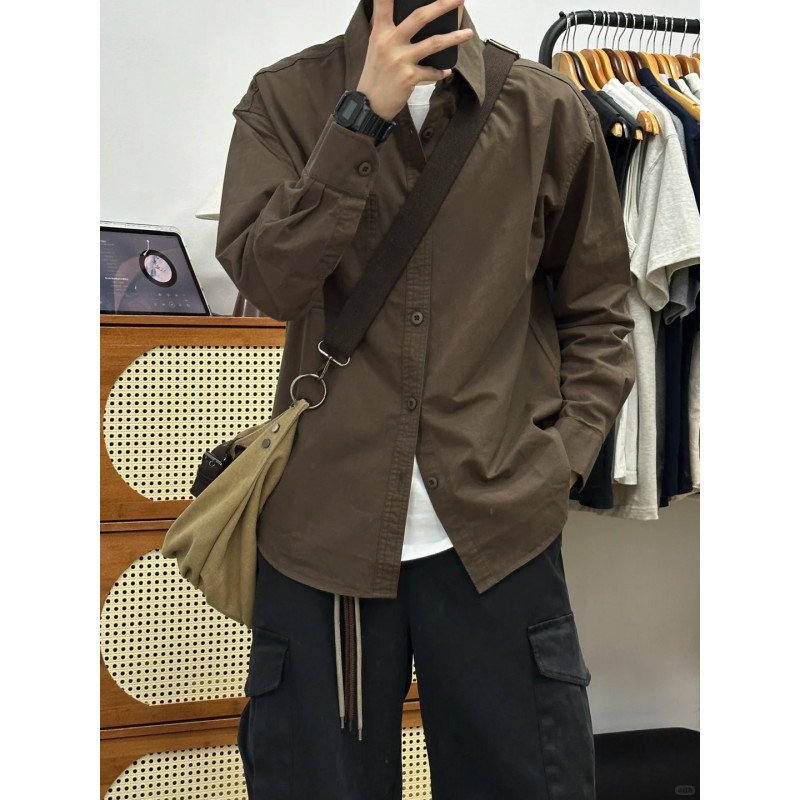 190g high-quality Japanese-style work shirt for men, pure cotton, long-sleeved, casual shirt for layering, American retro style