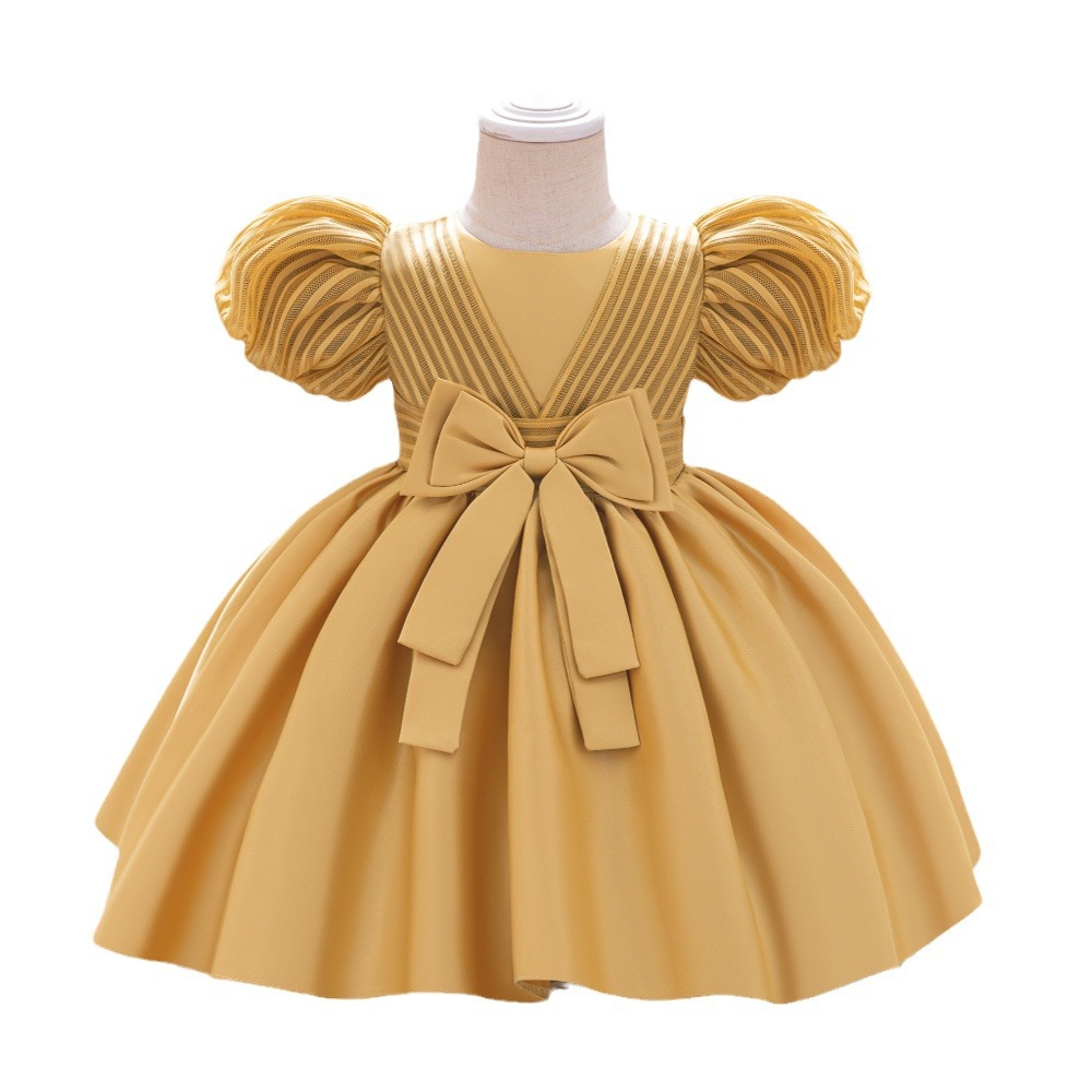 Nuevos vestidos de año nuevo para bebés y niños pequeños vestidos de fiesta de cumpleaños para niñas vestidos de lavado de satén vestidos de lazo en stock