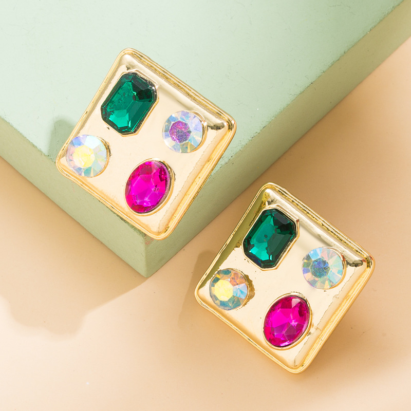 New Creative Vintage Colorful Gem Square Glass Drill Earrings display picture 5