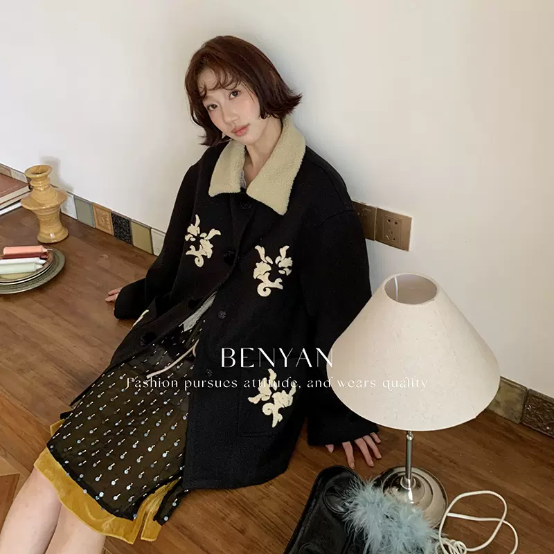 BENYAN 法式小众设计高级感刺绣外套女呢子料羊毛大衣风衣女82582