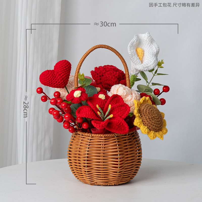 郁金香玫瑰针织花束手提花篮插花摆件闺蜜生日乔迁礼物装饰摆件花|undefined