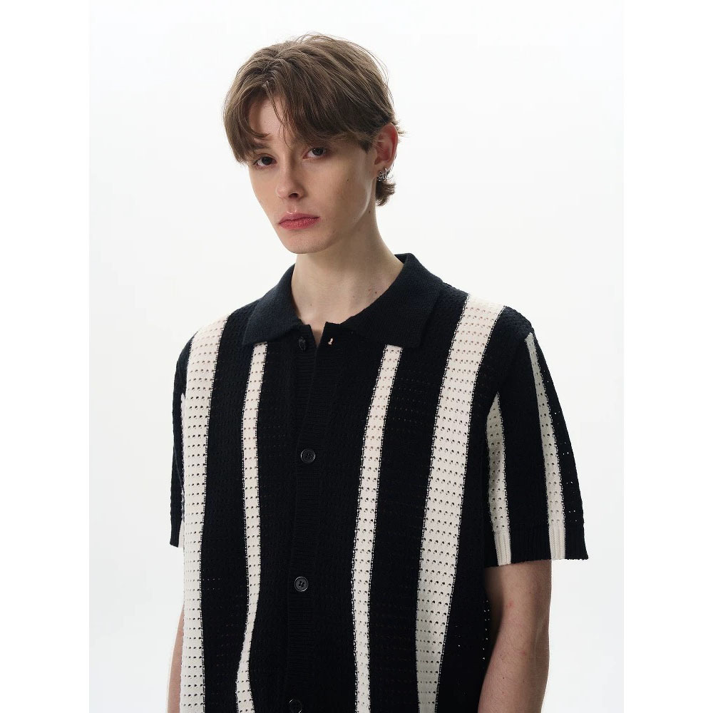 POLO camisa solapa suéter de manga corta hombres rayas huecas negocios británicos slim fit hielo seda verano comercio exterior transfronterizo al por mayor