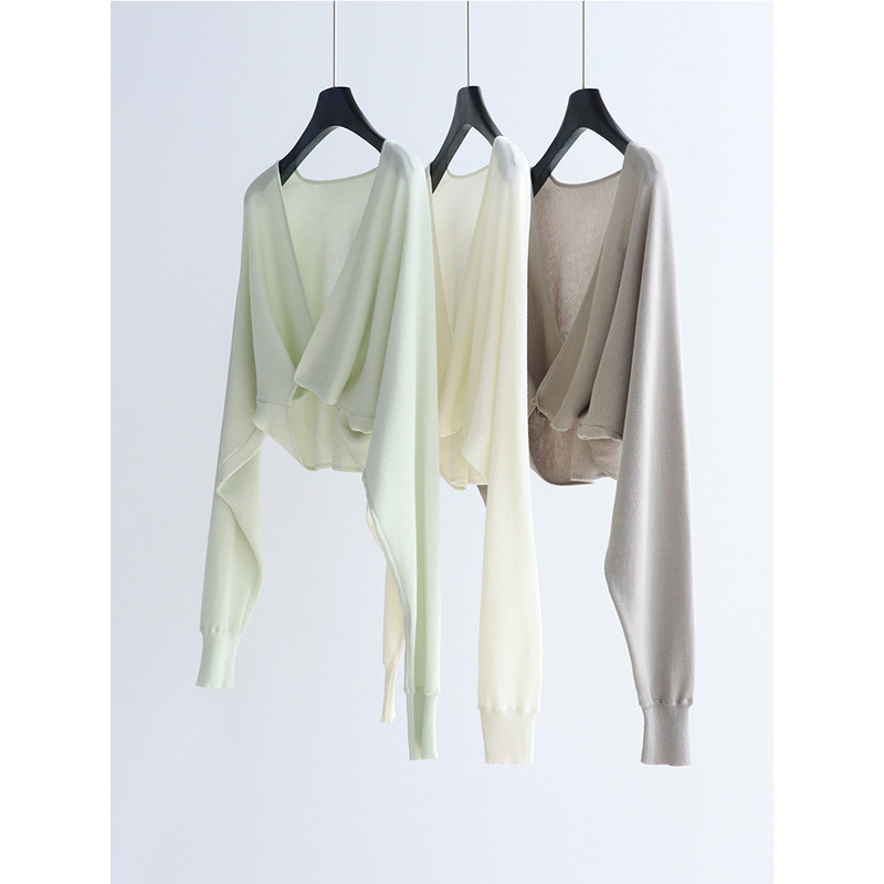 Overlapping Buckle V Neck Knitwear Shawl 25 Spring and Summer Bat Sleeves Lazy Air Conditioning Sun Protection Top Short Waistcoat for Women