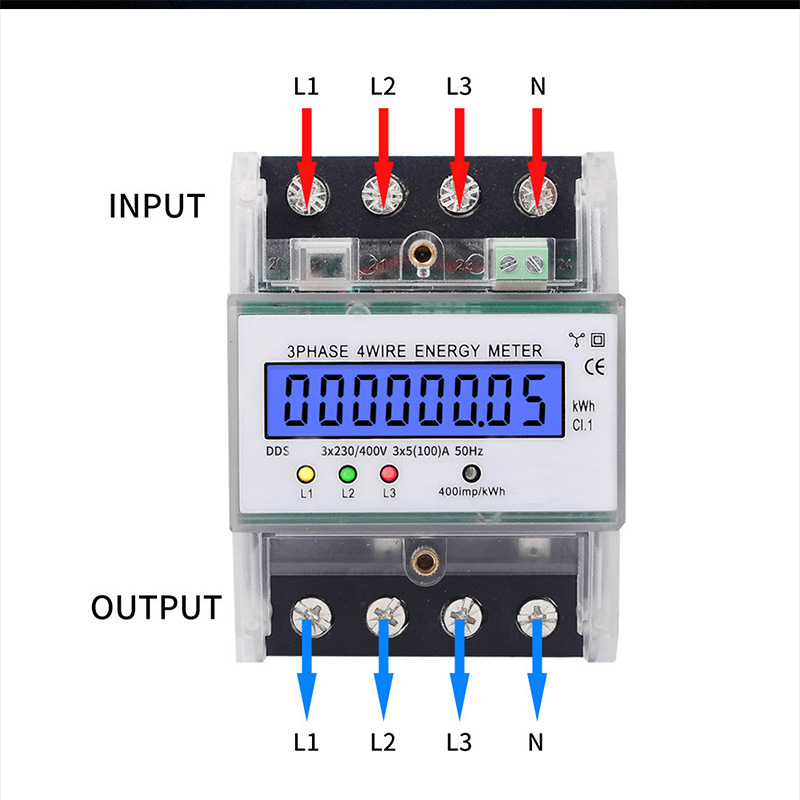 4p alta precisión exportación electrónica medidor de energía eléctrica pista medidor eléctrico carril guía tipo trifásico de cuatro hilos pantalla LCD inglés medidor eléctrico