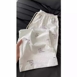 韩版设计感线描小猫印花休闲裤女2024年夏季新款宽松百搭直筒裤女