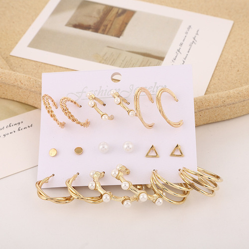 European and American cross-border new half-circle earring accessories, exaggerated creative retro imitation pearl hoop earring set, 9 pairs.