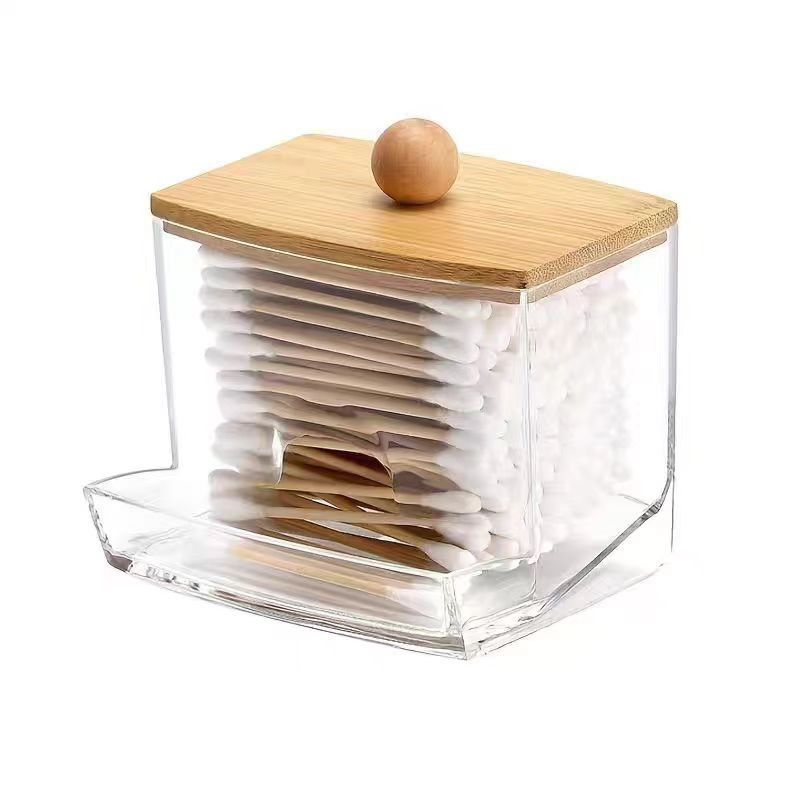New Transparent Diamond Pattern Cotton Swab Bamboo Cover Ps Portable Round Long Combination Cotton Swab Storage Box