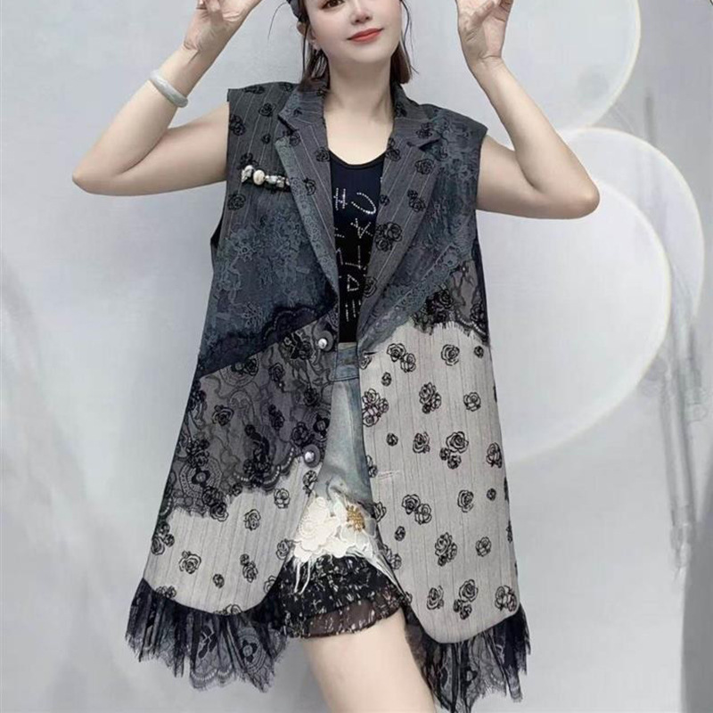 Marca de marea europea 2026 primavera y verano nuevo estilo estilo estilo extranjero empalme Jacquard cuello chaleco de mujer medio largo chaleco image 1